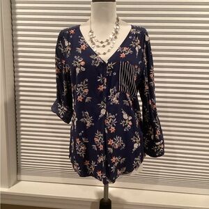 Fred David Dark Blue Floral V-Neck Blouse
